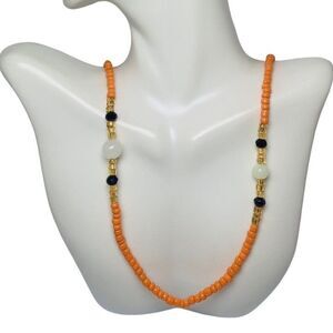 Womens Orange Beaded White Frosted Glass Station Vintage Necklace 29”